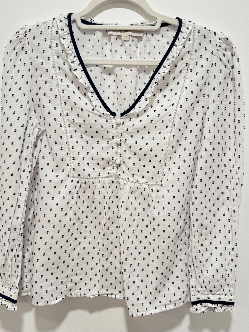 LOFT White Blouse with Navy Dot Trim and Button Placket